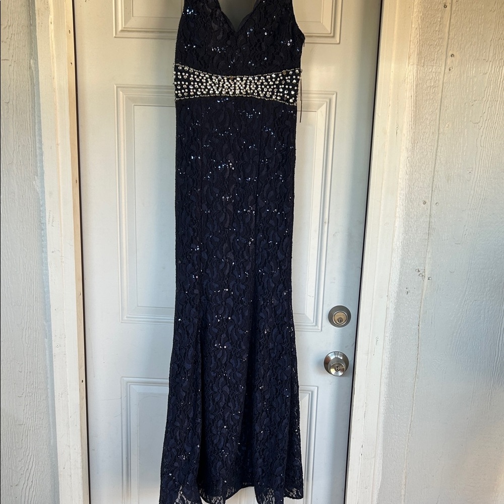 Navy Beaded Lace Evening Dress
